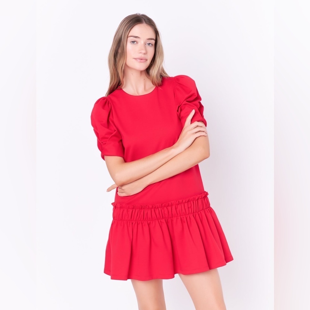 ENGLISH FACTORY Red Puff Sleeve Peplum Mini Dress